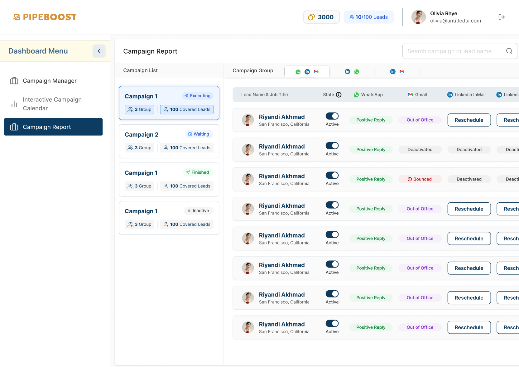 PipeBoost campaign report showing engagement status per lead