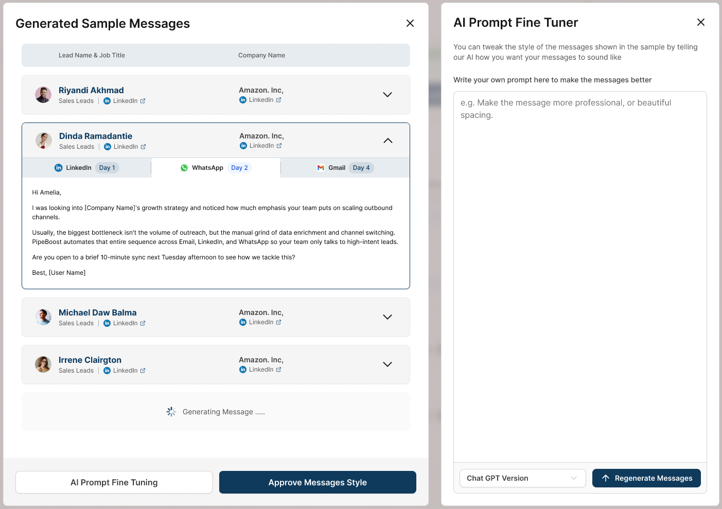 PipeBoost AI-generated outreach message with a fine-tuning panel