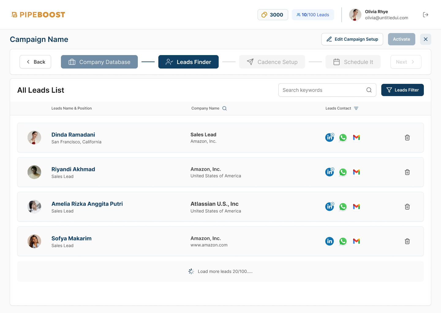 PipeBoost leads list with verified contact channels per lead